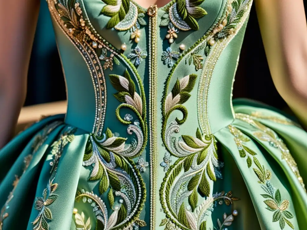 Detalle exquisito de bordado a mano en un vestido de alta costura, resaltando la experiencia única de la moda haute couture