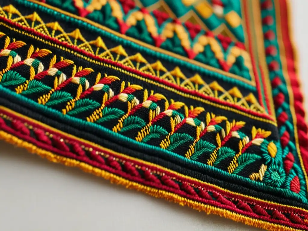 Detalle exquisito de bordado palestino, con patrones intrincados y colores vibrantes que reflejan la historia y significado cultural de Palestina