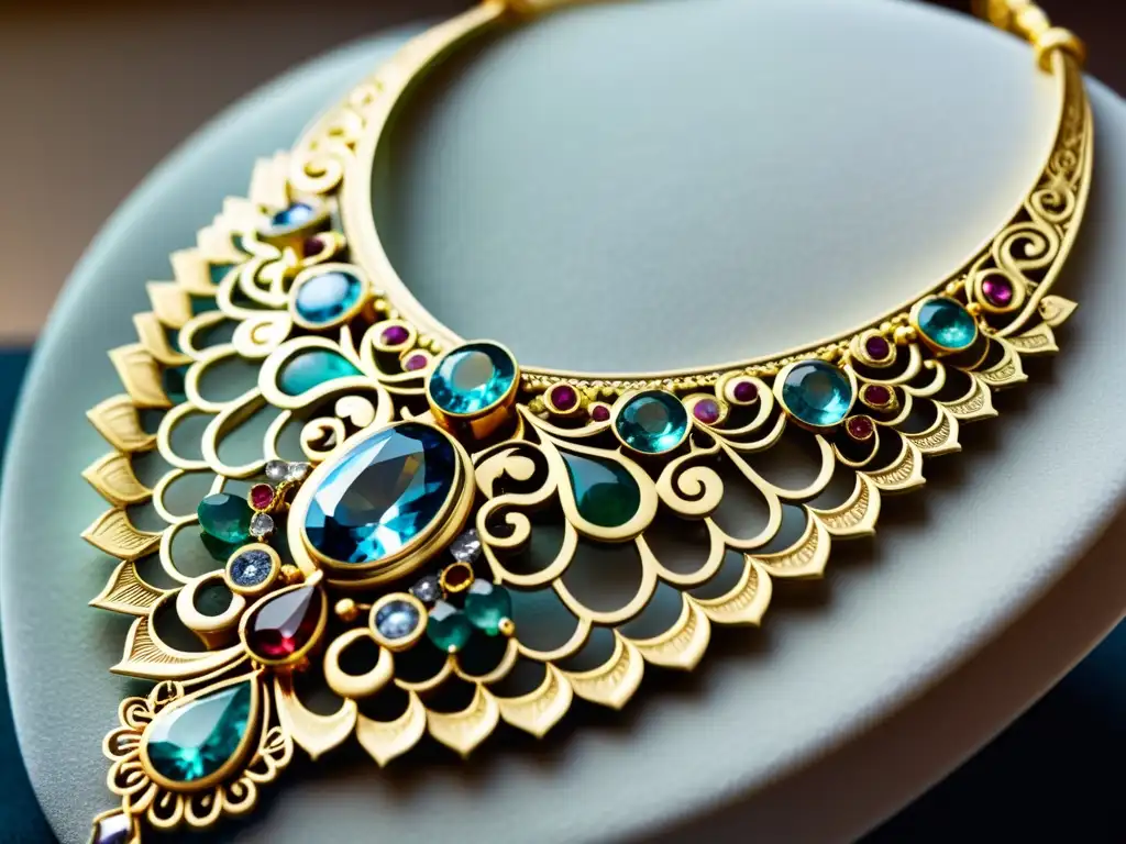 Detalle exquisito de un collar de joyas de lujo tendencias moda, con intrincados diseños de oro y gemas preciosas, reflejando lujo y sofisticación