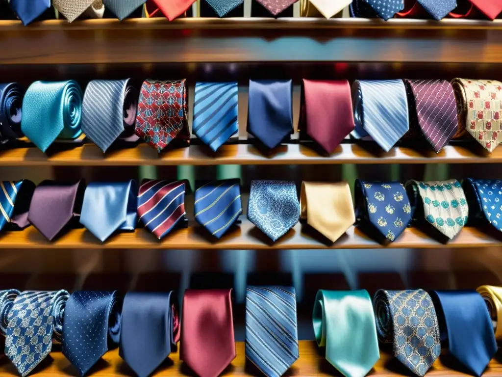 Detalle exquisito de corbatas de seda y moños perfectamente organizados en un soporte de madera, exhibiendo patrones e colores vibrantes