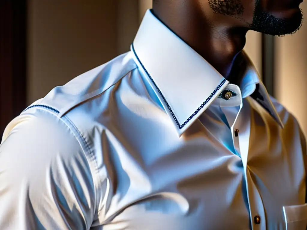 Detalle exquisito de cuello y puño de camisa a medida, resaltando la importancia en la moda masculina