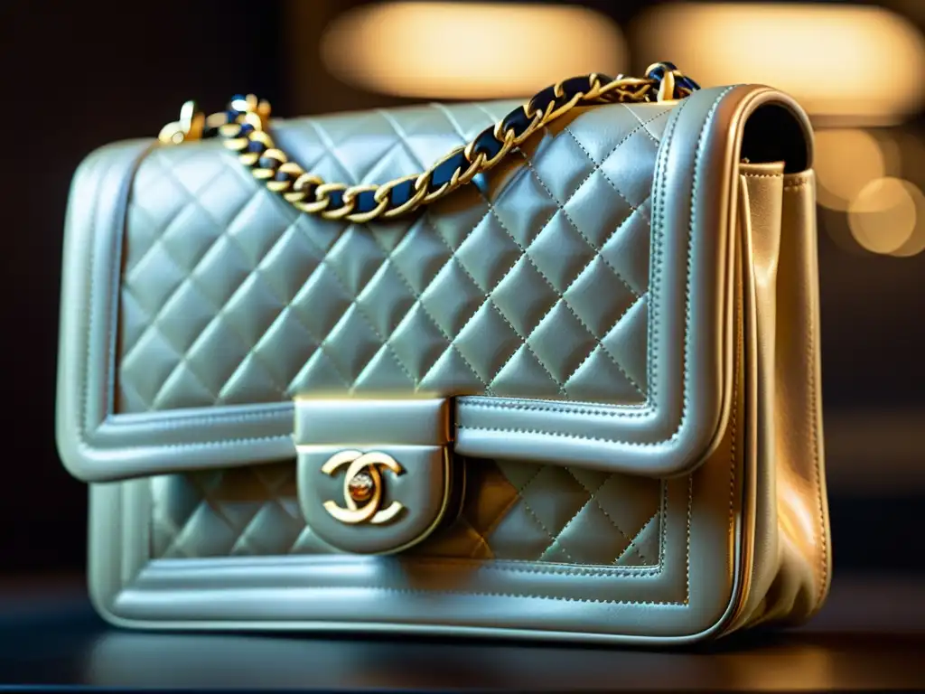 Chanel: Detalle exquisito del icónico bolso de lujo Detalle exquisito de la icónica bolsa Chanel, resaltando su elegancia atemporal y el impacto cultural de la alta costura
