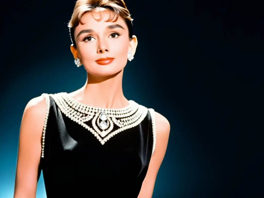 Detalle exquisito del icónico vestido negro de Audrey Hepburn en 'Desayuno en Tiffany's', resaltando su elegante silueta y bordado