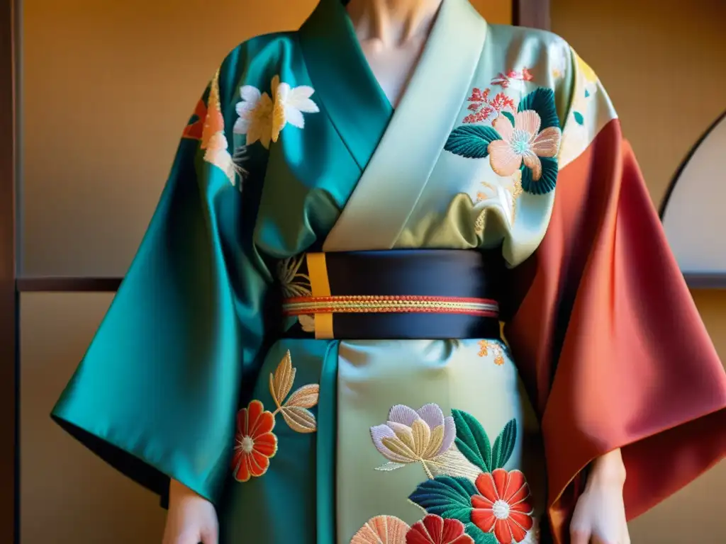 Detalle exquisito de un kimono japonés tradicional, con bordados intrincados y colores vibrantes, evocando la estética japonesa moda actual