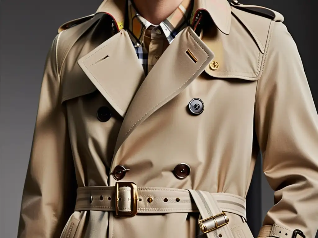 Detalle del exquisito trench coat Burberry reimaginado, evocando sofisticación y tradición con su artesanía impecable y elegancia atemporal