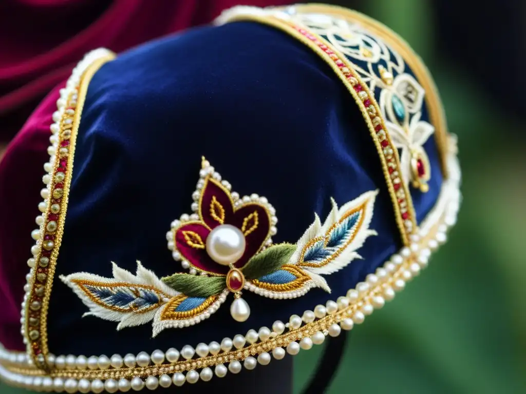 Detalle exquisito de un sombrero renacentista bordado en terciopelo, con perlas, plumas y encaje, reflejando la opulencia de la moda renacentista