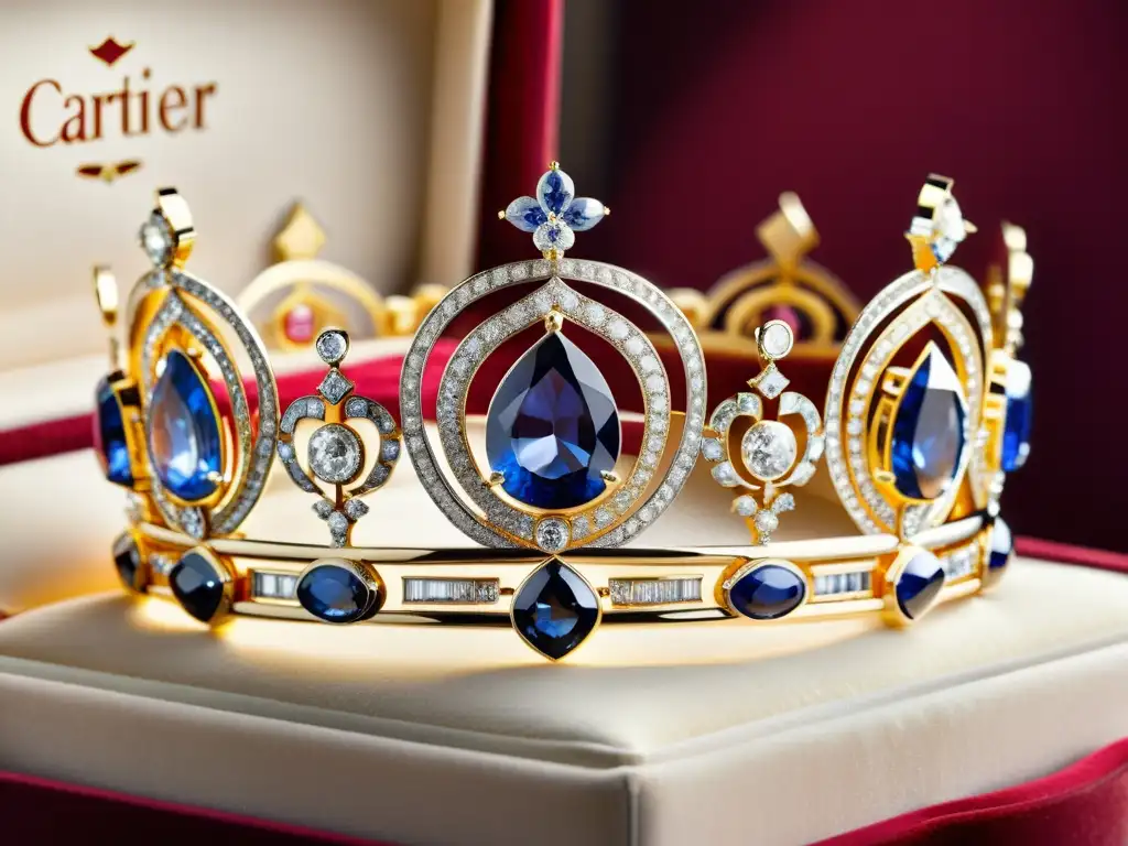 Tiara Cartier: Elegancia real en detalle Detalle exquisito de tiara Cartier con diamantes y zafiros, lujo y elegancia evocando la historia de las joyas de la corona Cartier