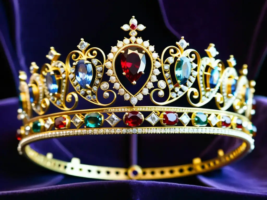 Detalle exquisito de una tiara real sobre terciopelo oscuro, reflejando la elegancia regia y el impacto cultural de las joyas de la realeza