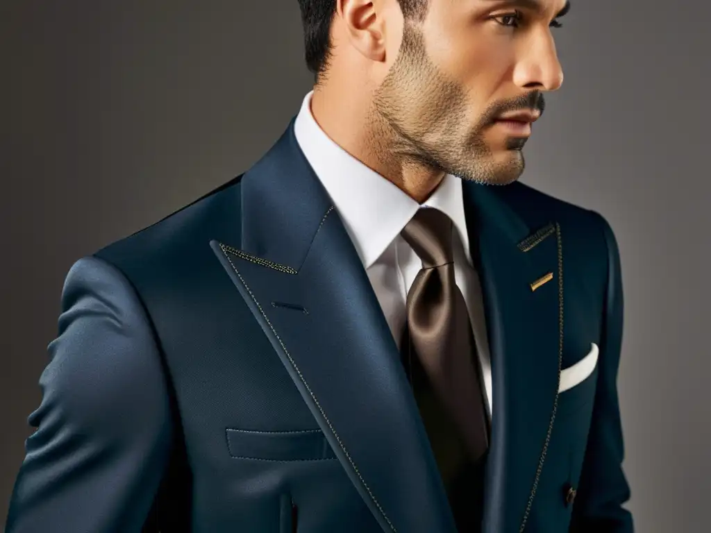 Detalle del exquisito traje sartorial Tom Ford mostrando la meticulosa confección y la elegancia atemporal