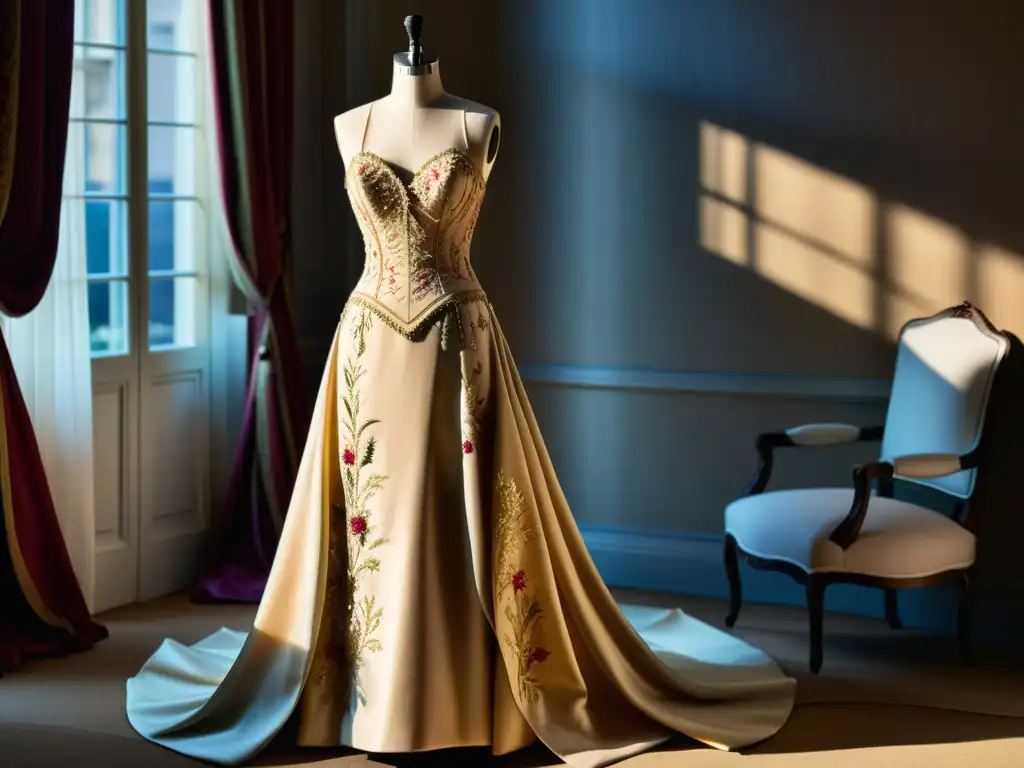 Detalle exquisito de un vestido de alta costura francés, resaltando su elegancia y artesanía