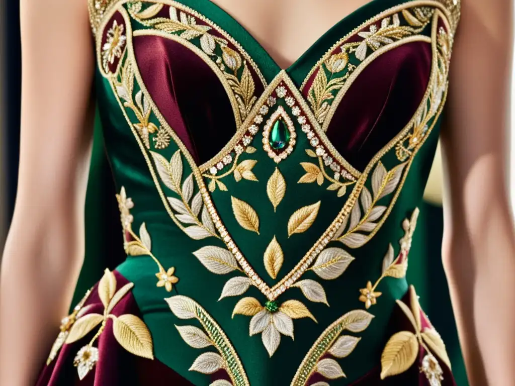 Detalle de un exquisito vestido de alta costura bordado con patrones florales en tonos ricos de burdeos, verde esmeralda y dorado