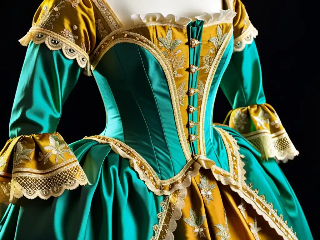 Detalle de un exquisito vestido de baile francés del siglo XVIII, exhibiendo lujo y elegancia con su brocado, encaje y bordados