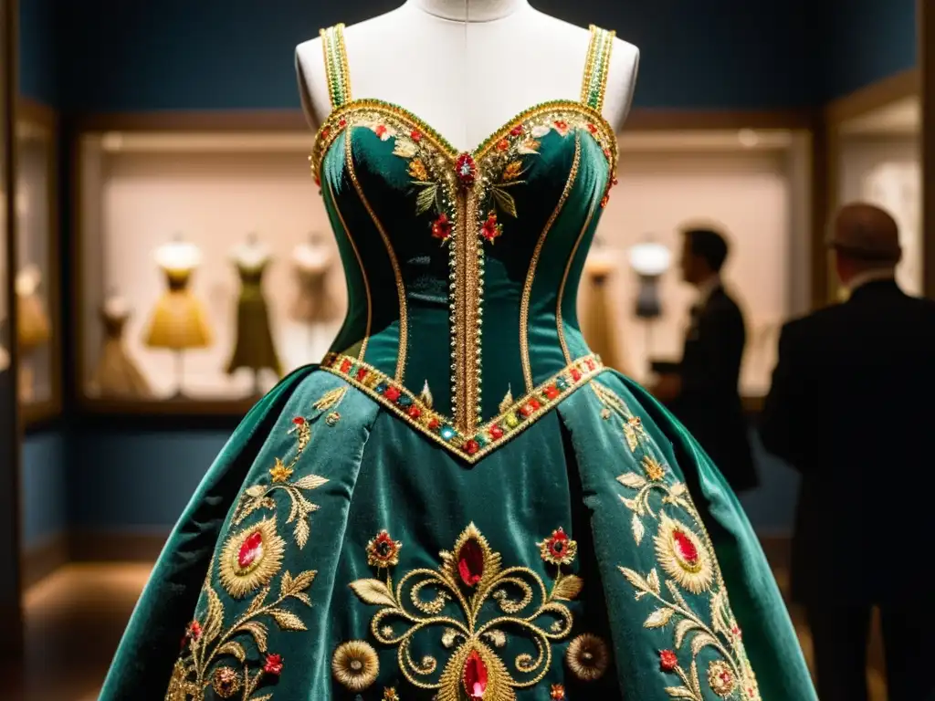 Detalle de un exquisito vestido expuesto en el Met Gala, en una atmósfera de admiración por el origen y evolución del Met Gala