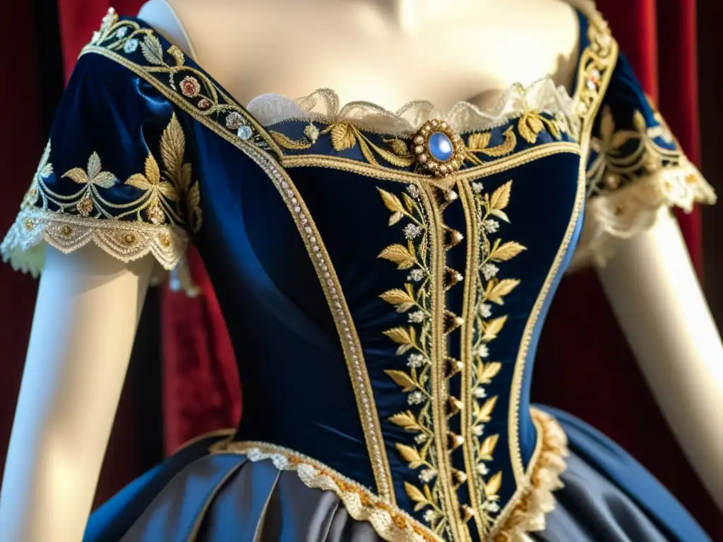 Detalle exquisito de un vestido de la moda renacimiento francés, resaltando bordados, telas y encajes, evocando sofisticación y opulencia