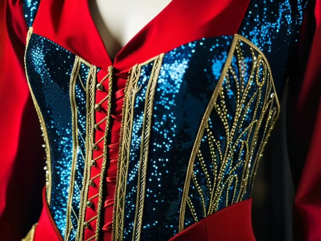 Detalle del exquisito vestuario de alta costura de Moulin Rouge, deslumbrante y detallado