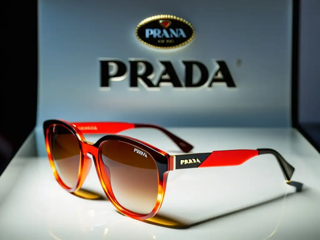 Detalle de las gafas de sol Prada historia en exhibición, con diseño innovador y lujo urbano