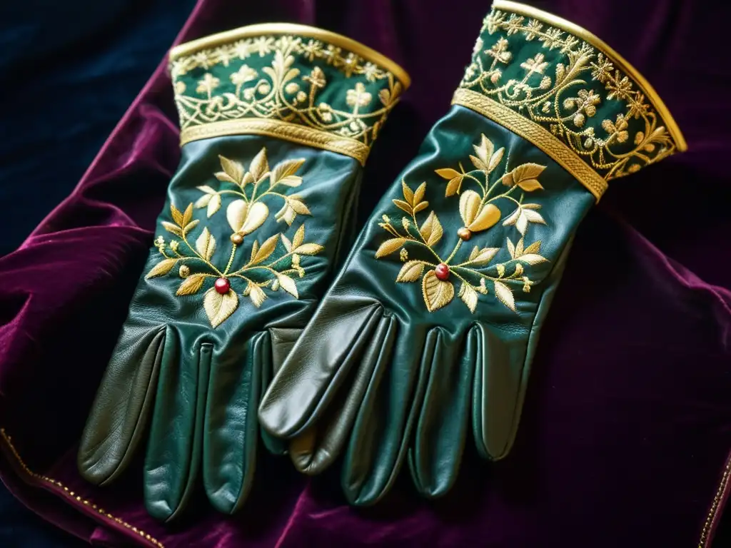 Detalle de guantes de caballero medievales bordados en cuero, evocando lujo y sofisticación