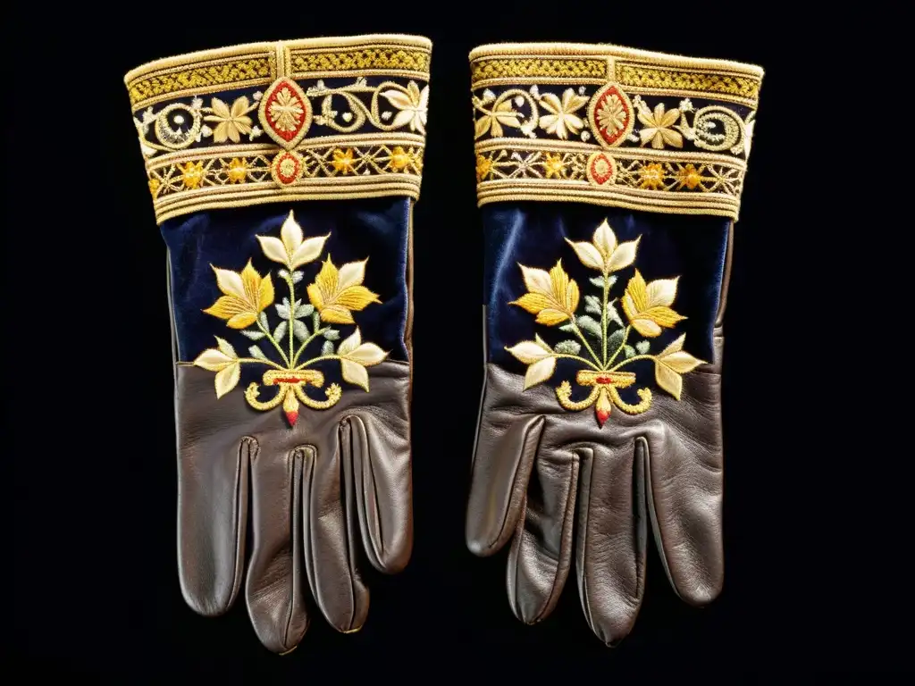 Detalle de guantes de cuero del siglo XVII con bordados dorados sobre terciopelo oscuro