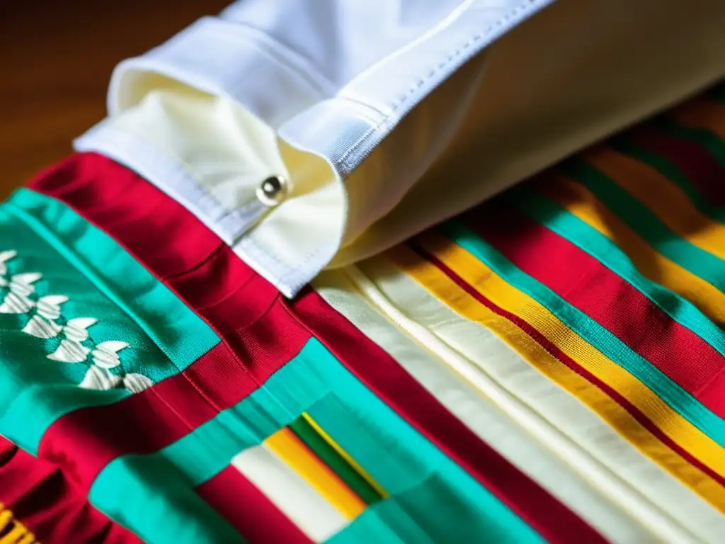 Detalle de una guayabera tradicional siendo bordada a mano, reinterpretando la guayabera estilo latino con artesanía y colores vibrantes