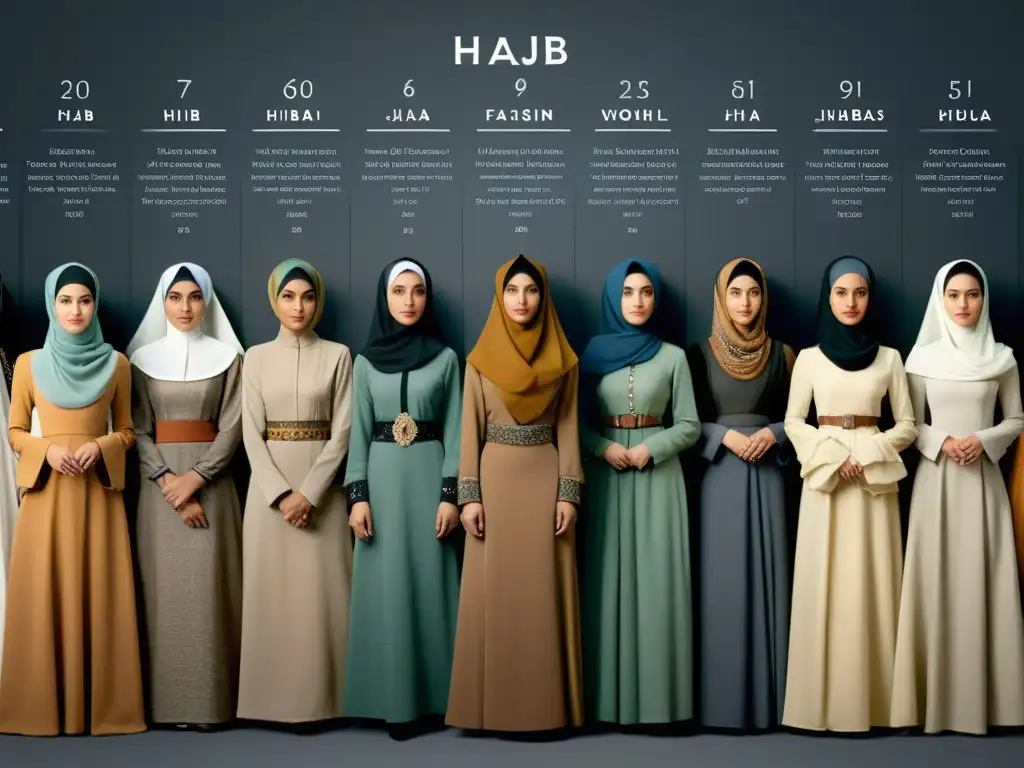 Detalle de la evolución del hijab en la moda a lo largo de los siglos, desde la antigüedad hasta la actualidad, mostrando diversas culturas y estilos