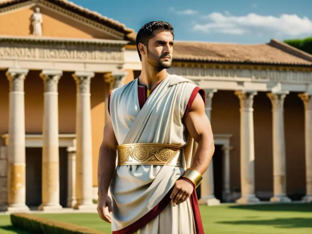 Detalle ilustrado de hombre romano con toga frente a villa romana, mostrando la evolución indumentaria masculina antigua Roma