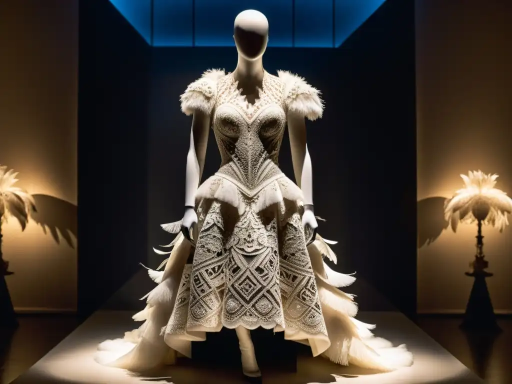 Detalle de la impactante colección Savage Beauty moda de Alexander McQueen, exhibida en un museo, evocando su atmósfera inmersiva y dramática