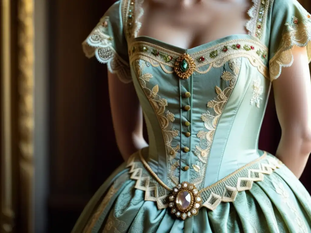 Detalle impactante de moda histórica en 'La Regenta': enfoque en exquisito vestido del siglo XIX, evocando elegancia y estilo de la época