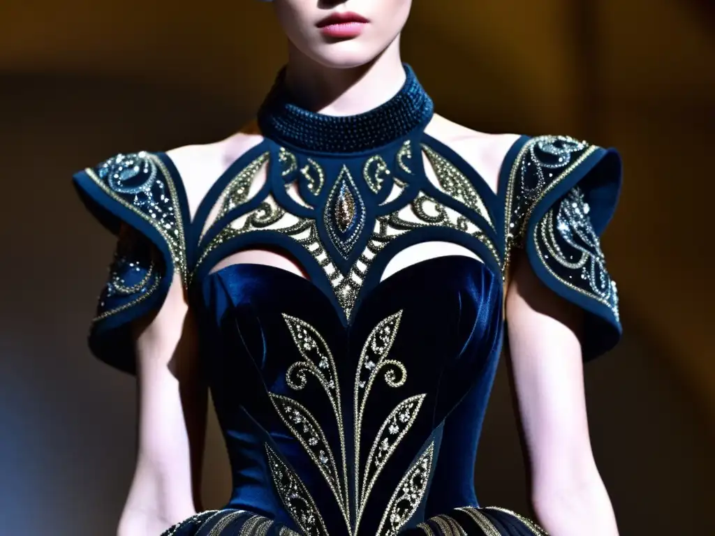 Detalle de impactante vestido de la colección Savage Beauty moda, resaltando texturas y diseño vanguardista de Alexander McQueen