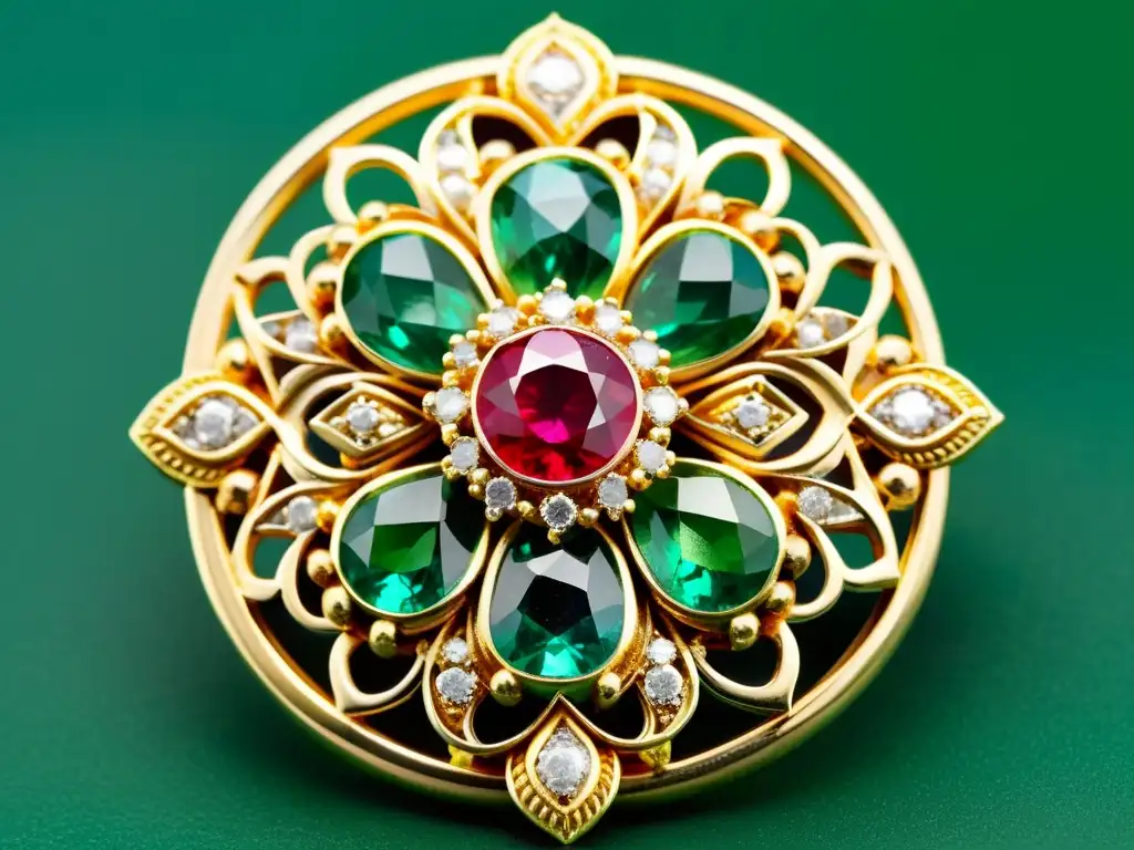 Detalle impresionante de broche victoriano con filigrana de oro y gemas coloridas, evocando opulencia y elegancia de la moda de la era victoriana