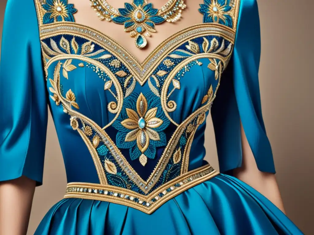 Detalle impresionante de un impactante vestido azul, con exquisitos bordados y detalles de pedrería