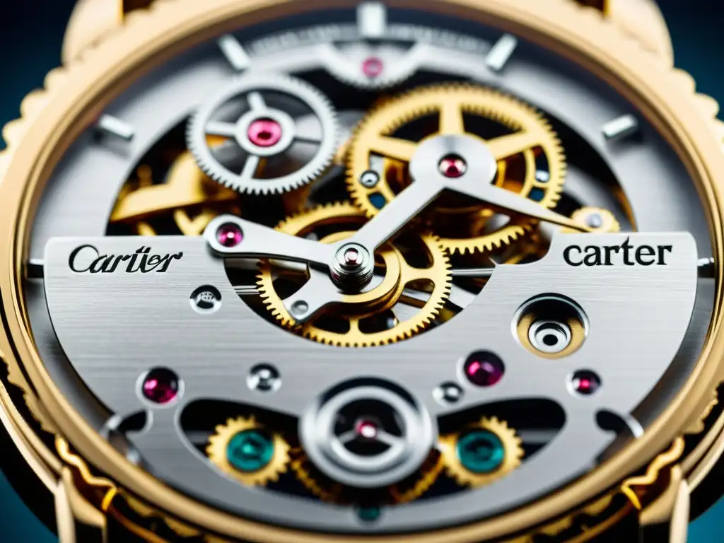 Detalle impresionante de los mecanismos de un reloj Cartier, reflejando la elegancia y precisión de la última colección de relojes Cartier