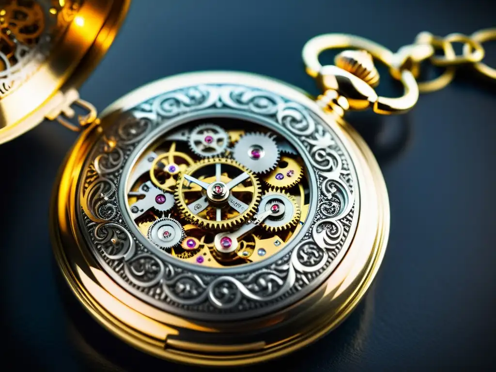 Detalle impresionante del reloj de bolsillo del siglo XVI, con grabados intrincados y mecanismos brillantes