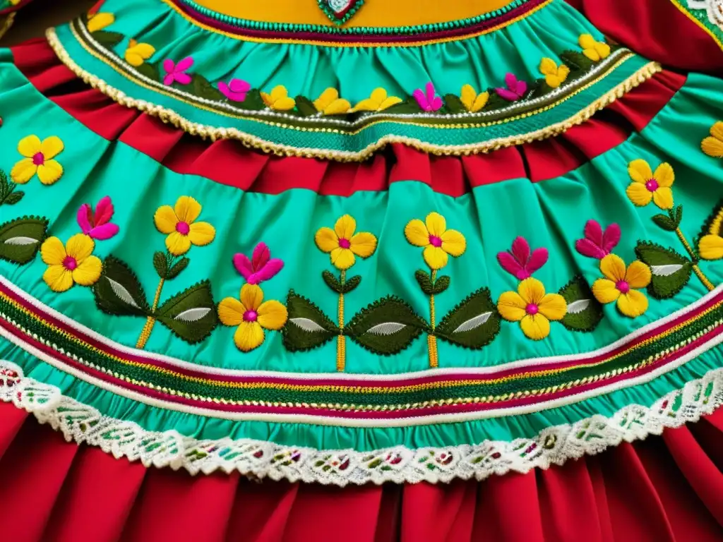 Detalle impresionante del traje folclórico mexicano resalta su rica artesanía y vibrantes colores