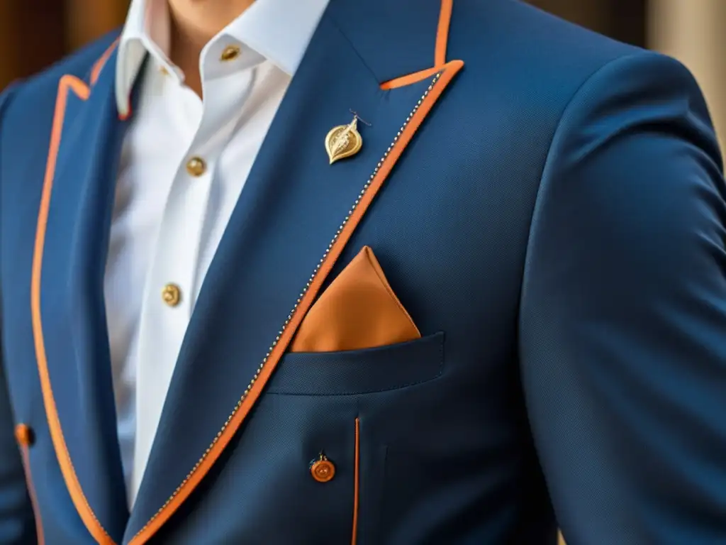 Detalle increíble de un traje sastre masculino, con costuras elaboradas y textura lujosa, simbolizando impacto cultural y elegancia atemporal