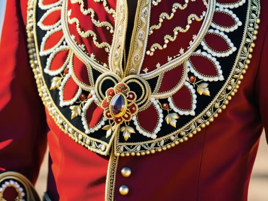 Detalle intrincado del traje de matador español, símbolo de identidad cultural y tradición en 'Don Quijote de la Mancha'