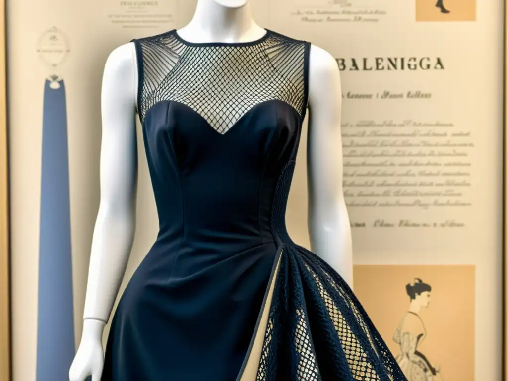 Detalle intrincado de un vestido vintage de Balenciaga, mostrando su elegancia atemporal y la influencia eterna de Balenciaga en moda