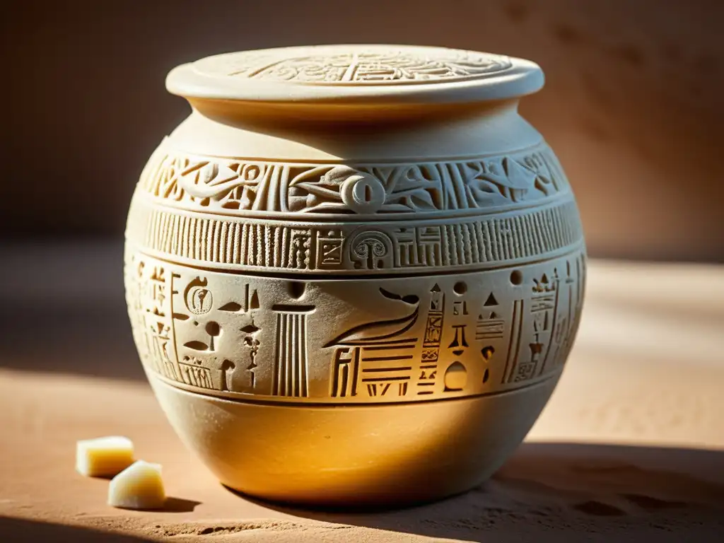 Detalle de jarra cosmética alabastro, Egipto antiguo, con inscripciones jeroglíficas y herramientas cosméticas