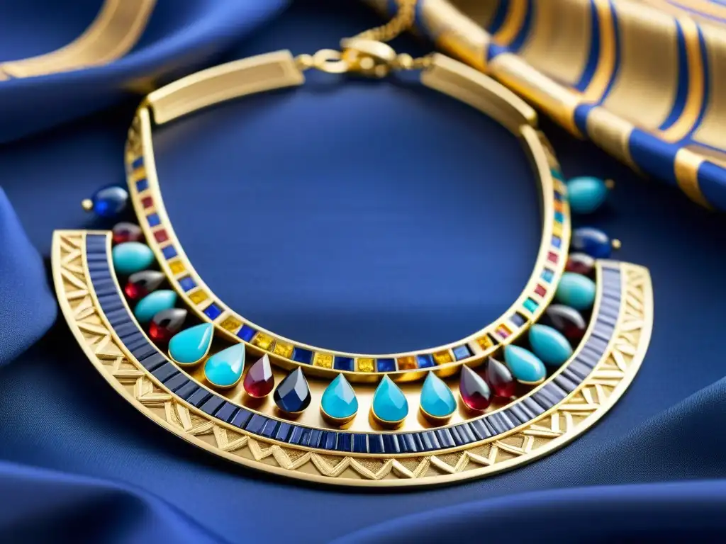 Detalle de una joya del Nilo estilo moda: collar egipcio de oro y gemas sobre fondo azul real, deslumbrante y elegante