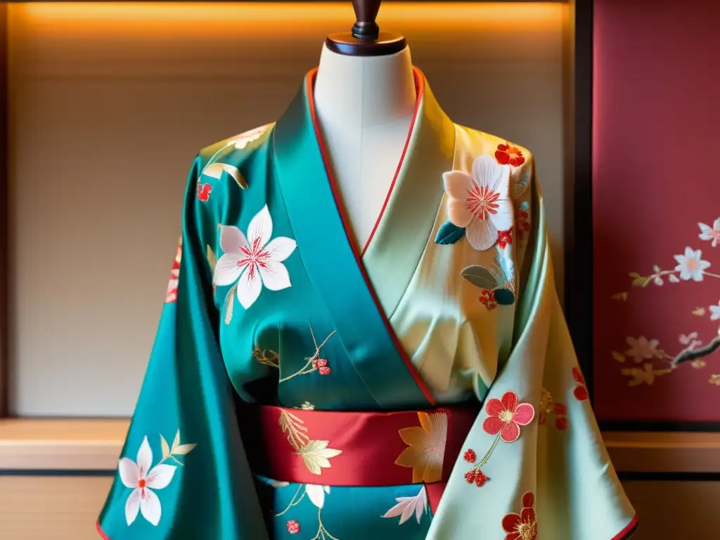 Detalle de kimono japonés con bordados y motivos tradicionales, reflejando la artesanía y la historia