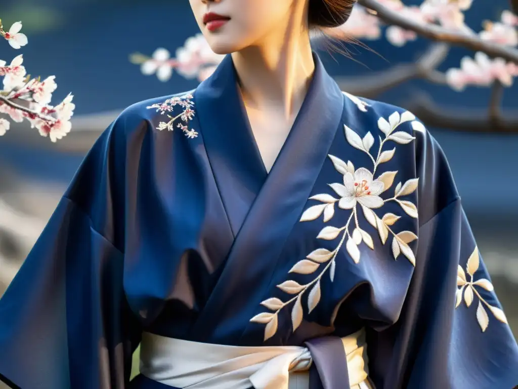 Detalle de kimono japonés con influencia de la indumentaria histórica, destacando la belleza atemporal y la artesanía