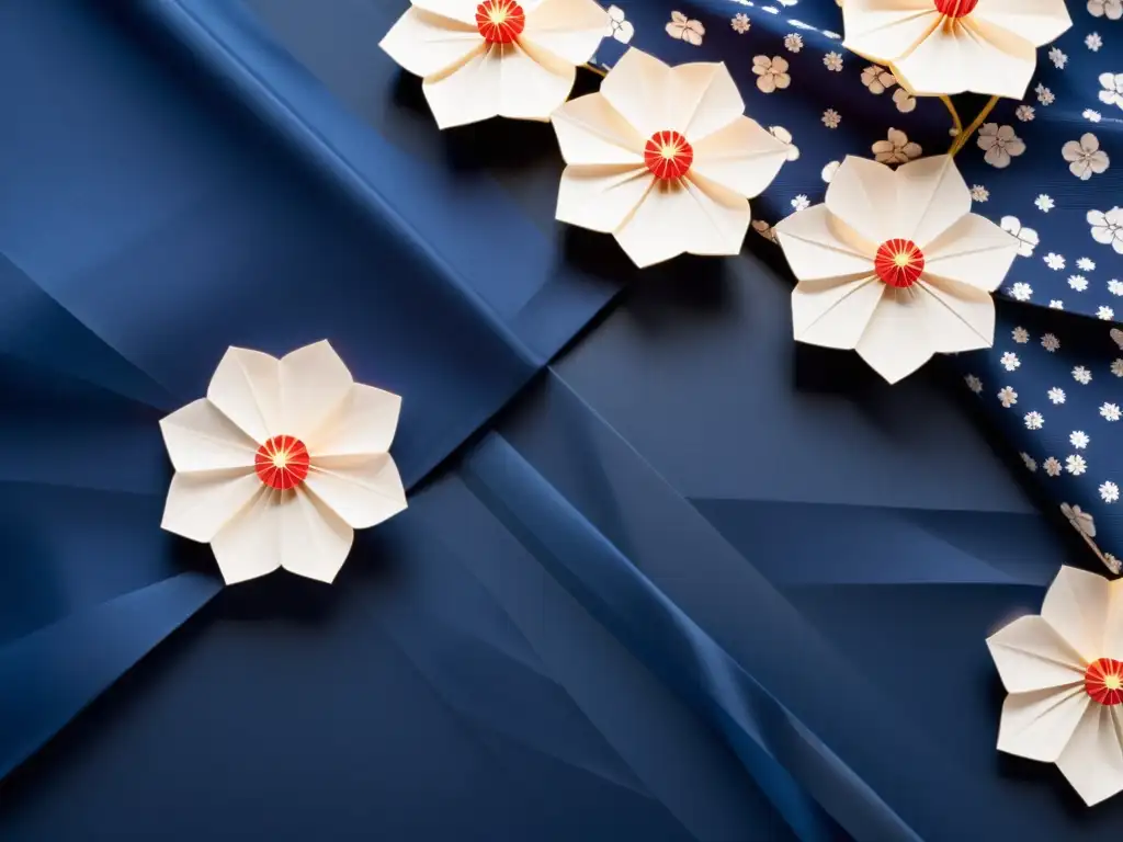 Detalle de un kimono japonés plegado con destreza en patrones tipo origami, evocando la elegancia y tradición de la moda origami en Japón