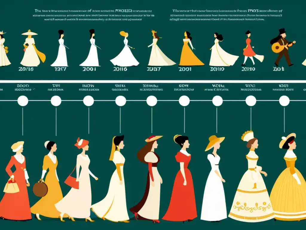 Detalle de línea temporal ilustrando la evolución de la moda a lo largo de los siglos, con representaciones visuales de prendas icónicas y accesorios de diferentes periodos históricos, mostrando el impacto cultural en la vestimenta