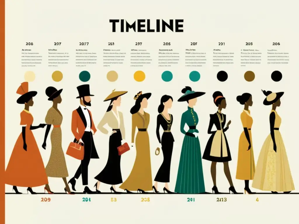 Detalle de línea de tiempo que muestra la evolución de la moda como expresión a través de las épocas, con ilustraciones detalladas de cada era