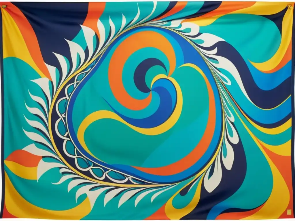 Detalle lujoso del icónico pañuelo de seda Emilio Pucci, mostrando la revolución de moda en estampados y colores vibrantes