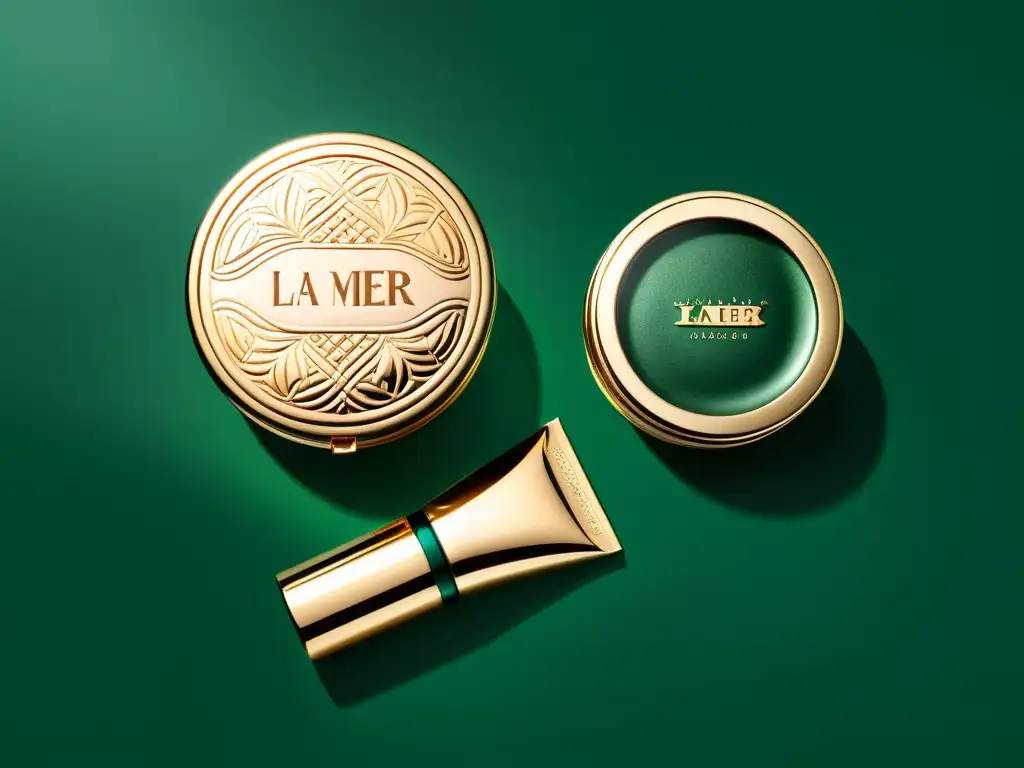 Detalle del lujoso set de maquillaje La Mer, resaltando el empaque dorado y la elegante marca