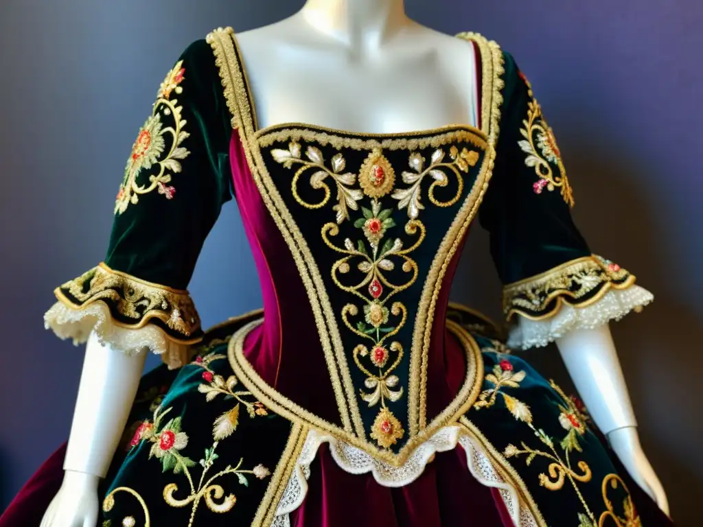 Detalle de un lujoso vestido barroco con bordados y detalles en oro, evocando la evolución histórica del vestido