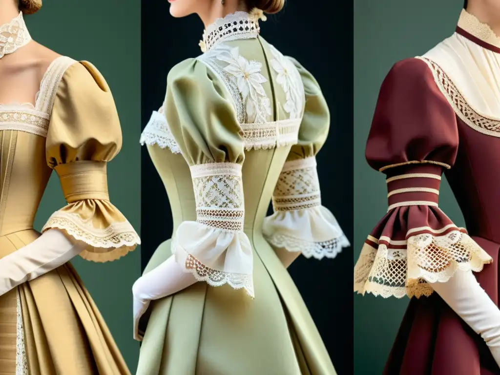 Detalle de evolución de las mangas en moda del siglo XIX, destacando el contraste entre mangas Gigot y Jamón, con encajes y pliegues detallados