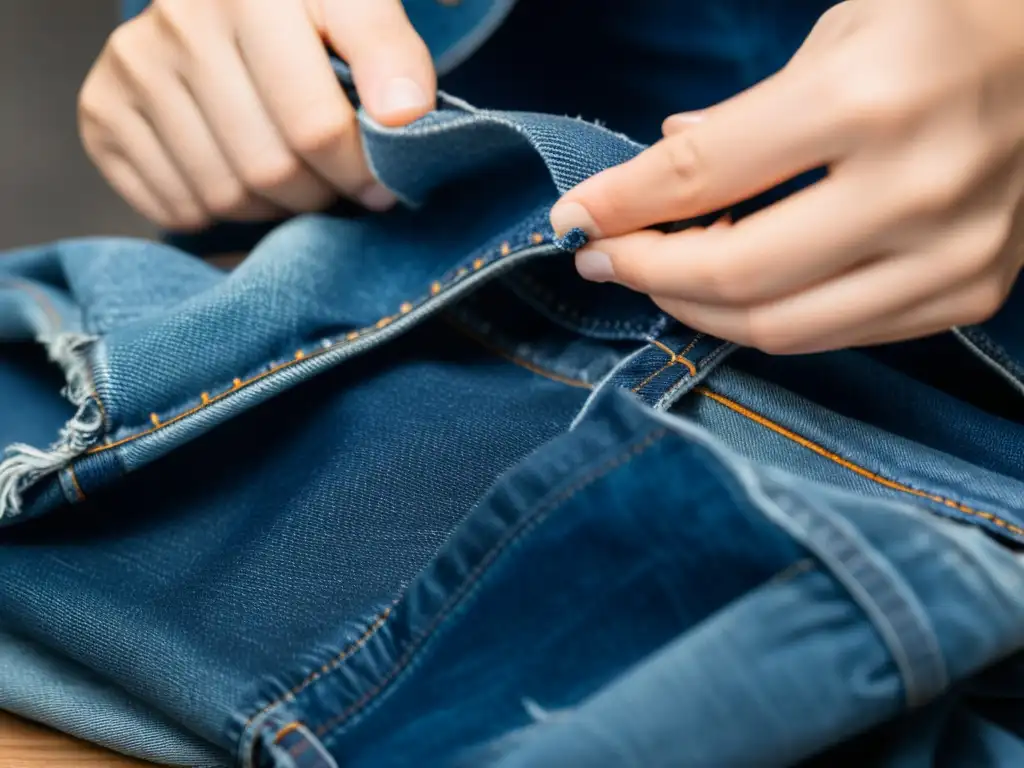 Detalle de manos desmontando con cuidado unos Nudie Jeans desgastados para reciclaje