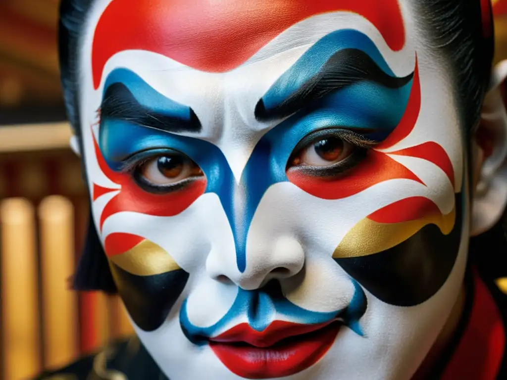 Detalle de maquillaje teatral kabuki japonés, con colores vibrantes y expresiones dramáticas, mostrando la historia del maquillaje teatral en Japón