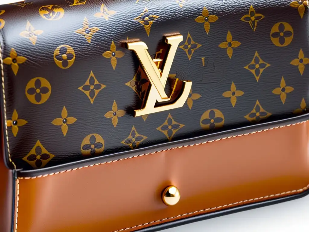 Detalle minucioso de un bolso de mano de cuero Louis Vuitton, resaltando el patrón de monograma y la artesanía impecable